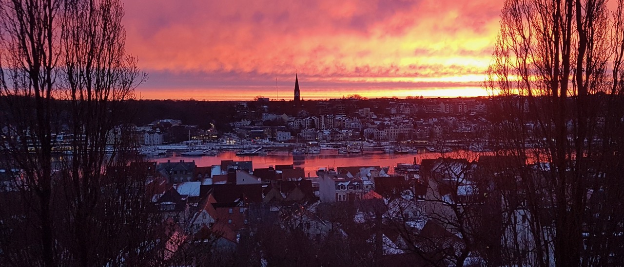 Blick auf das Ostufer während eines Sonnenaufgangs. Der Himmel und die Spiegelung im Wasser leuchten in vielen Farbschattierung von gelb-orange bis hin zu violett